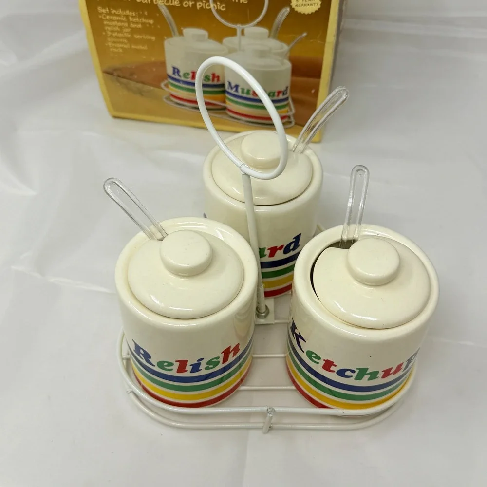 VTG HOAN Ceramic MCM Condiment Set Relish Ketchup Mustard‎ Jars 3pc Enamel Rack